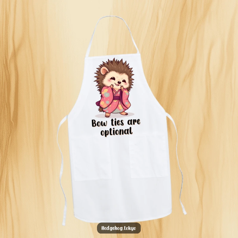 Elegant hedgehog apron showing a hedgehog in a kimono performing a graceful sweeping bow, perfect for a sophisticated cooking experience.