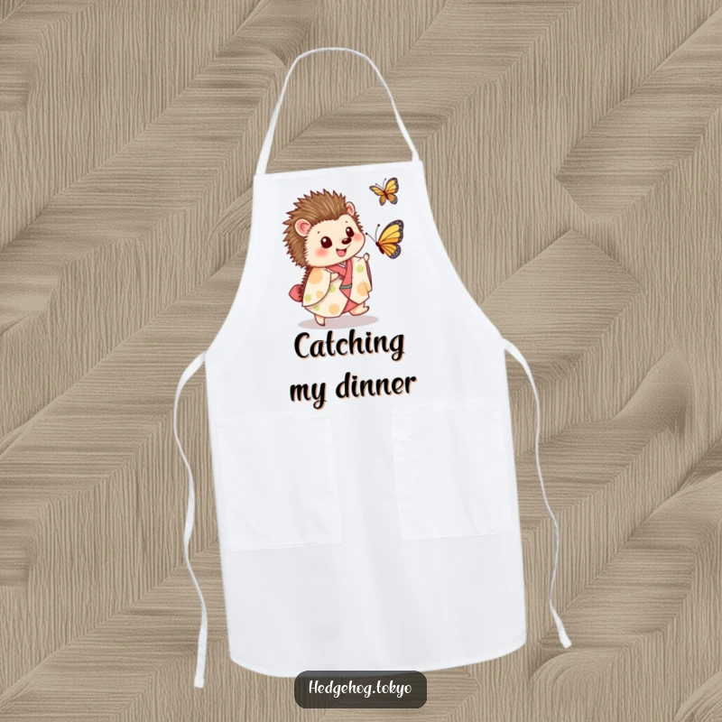 Funny Apron: A whimsical hedgehog in a kimono playfully chases a butterfly, adding a humorous and artistic touch to kitchen duties.
