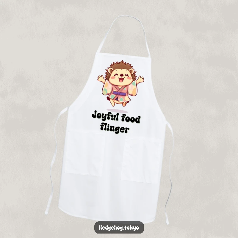 Funny hedgehog apron depicting a cheerful hedgehog in a colorful kimono joyfully leaping mid-air, bringing vibrant fun to the kitchen.