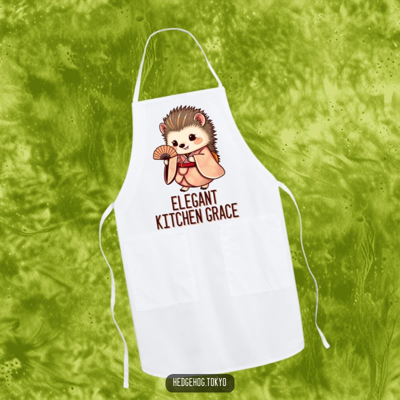 Funny hedgehog apron depicting a round hedgehog in a flowing kimono holding a fan, bringing refined whimsy to the kitchen.