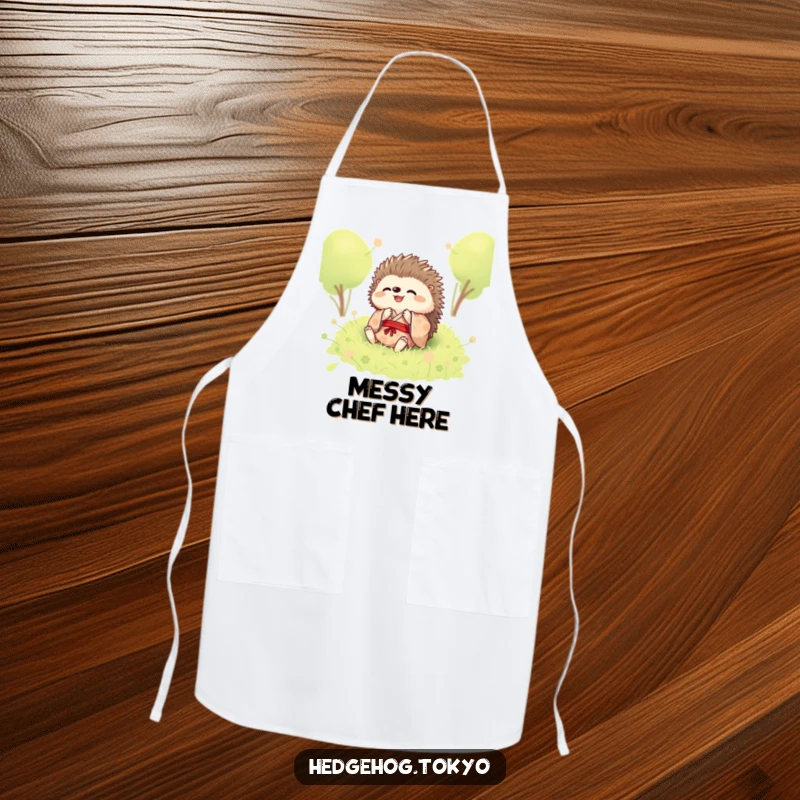 Funny apron with a hedgehog in a kimono, joyfully rolling in soft moss, adding cheer to kitchen activities.