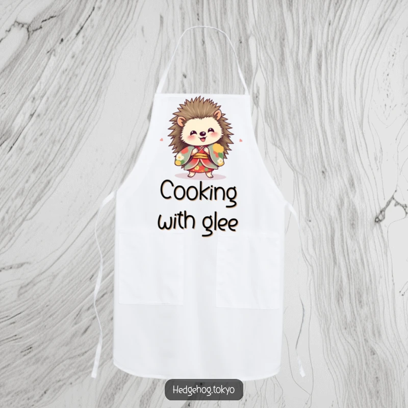 Funny hedgehog in a vibrant kimono, spinning with delight on a functional kitchen apron.