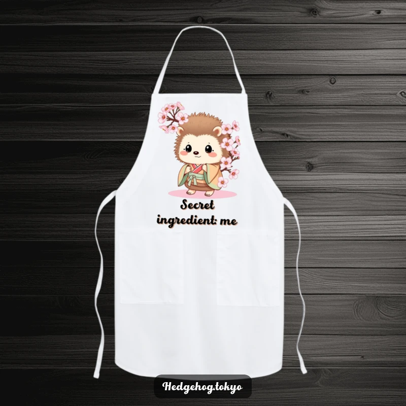 Funny Hedgehog Apron: A cute hedgehog in a kimono peeks from behind cherry blossoms, a humorous and practical kitchen accessory.
