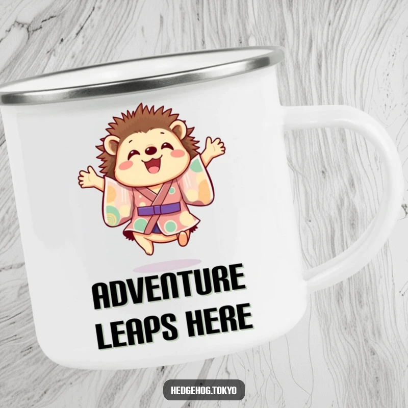 Funny hedgehog camping mug showing a cheerful hedgehog in a colorful kimono joyfully leaping mid-air, perfect for enjoying drinks during outdoor adventures.