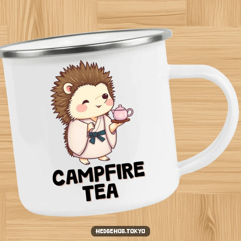 Funny Camping Mug: A hedgehog in a kimono balances a tiny tea set on its quills, adding playful humor to outdoor tea breaks.