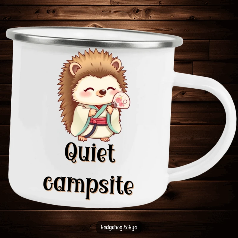 Funny Camping Mug: A serene hedgehog in a kimono holds a fan, perfect for calm, humorous moments during outdoor adventures.