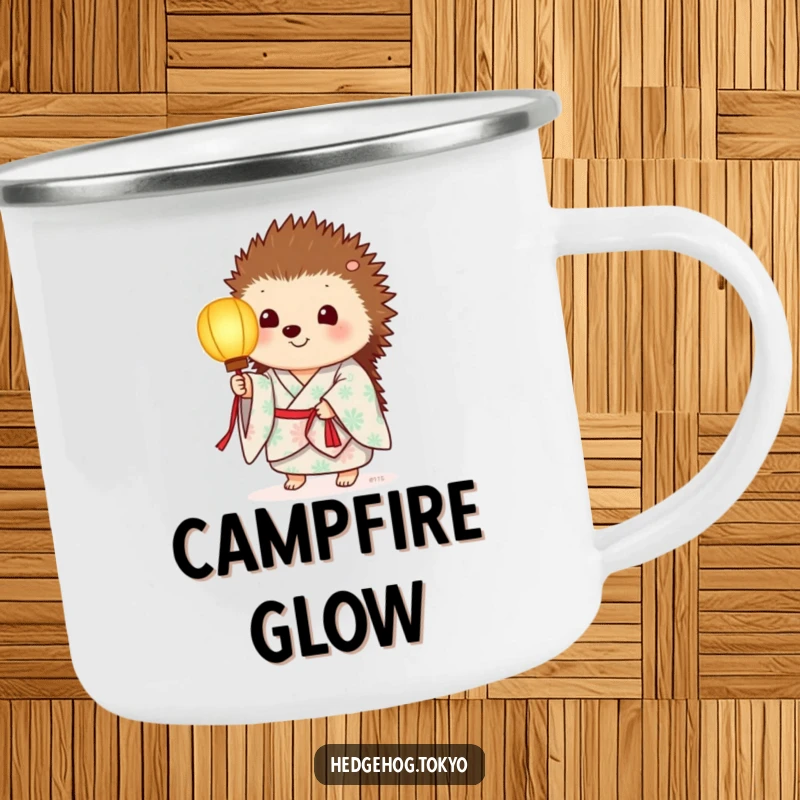 Funny camping mug with a hedgehog in a summer kimono, holding a softly glowing paper lantern, perfect for nighttime adventures.