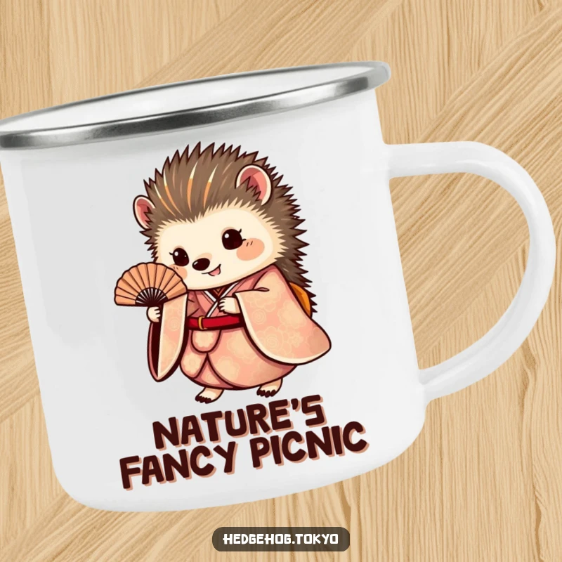 Funny hedgehog camping mug showing a round hedgehog in an ornate kimono holding a fan, perfect for enjoying drinks during outdoor adventures with style.
