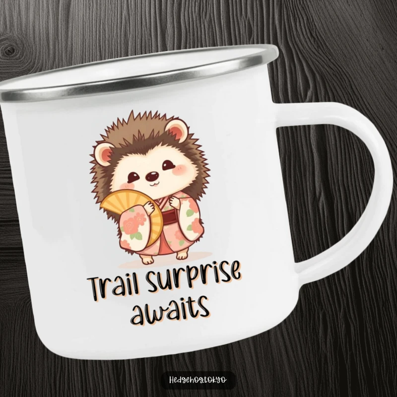 Funny hedgehog in a floral kimono, playfully peeking around a fan on a durable camping mug.