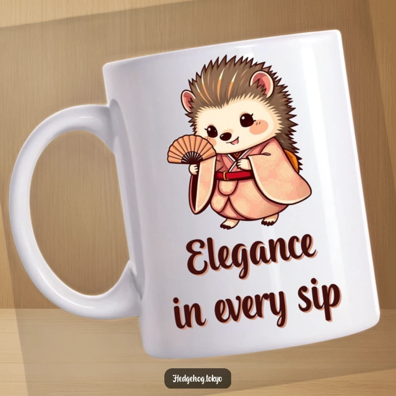 Funny hedgehog mug showcasing a round hedgehog elegantly dressed in an ornate kimono, gracefully holding a small fan, exuding quiet sophistication.