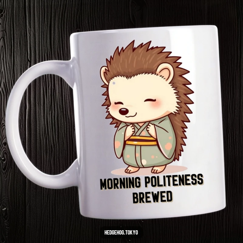 Funny Hedgehog Mug: An elegant hedgehog in a formal kimono bows gracefully with a slight smile, exuding refined humor.
