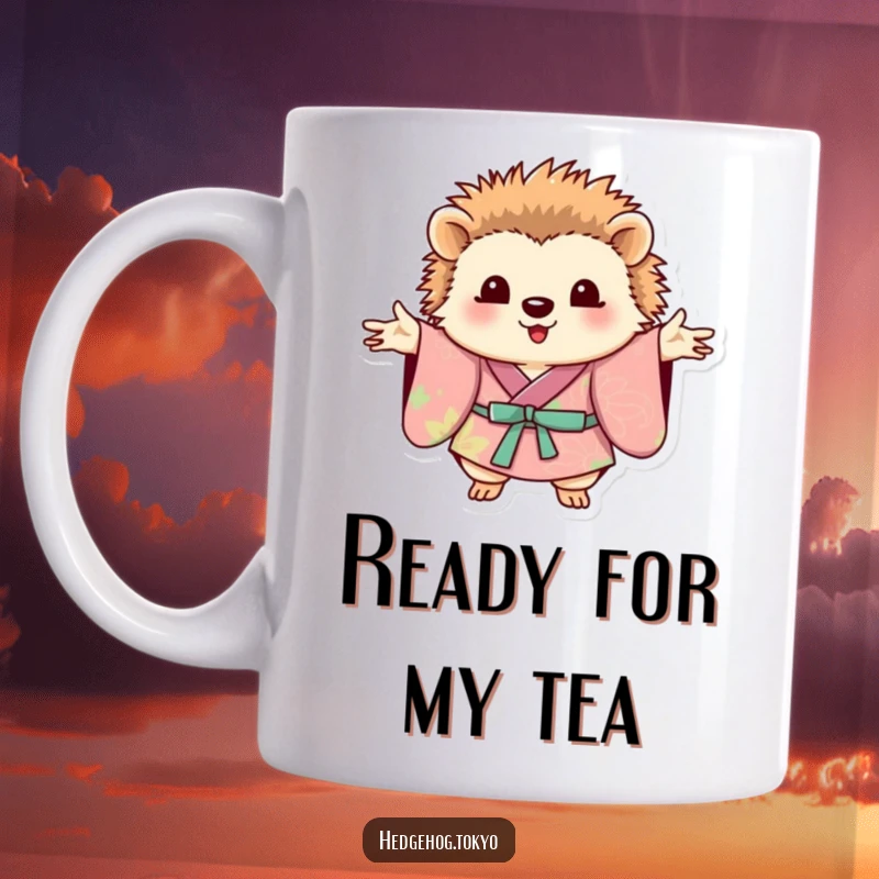 Funny hedgehog wearing a vibrant, colorful kimono, posing elegantly with paws outstretched on a ceramic mug.