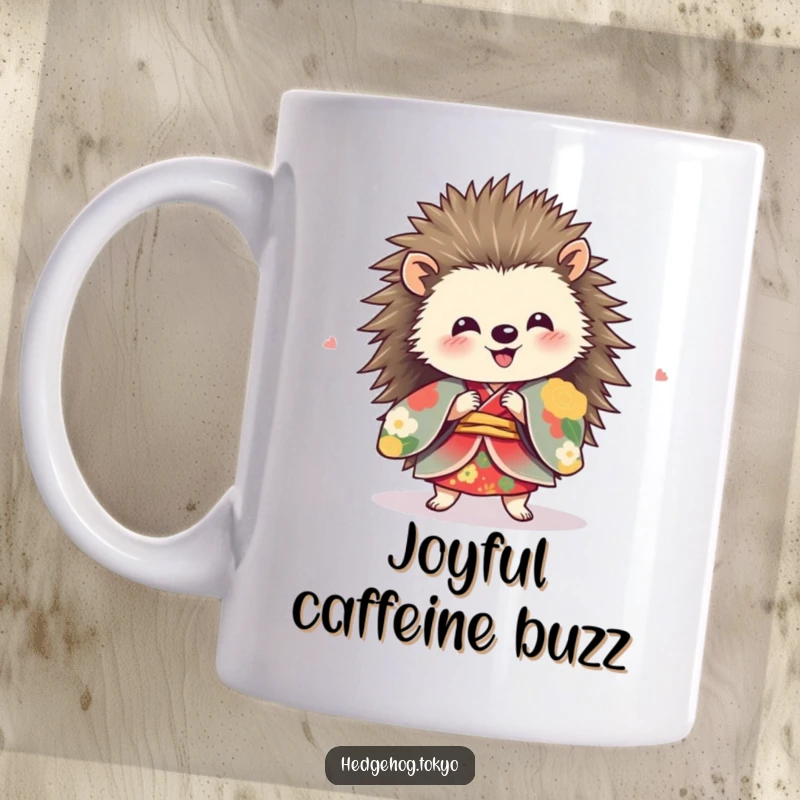 Funny hedgehog wearing a vibrant kimono, spinning with sheer delight and happiness on a ceramic mug.