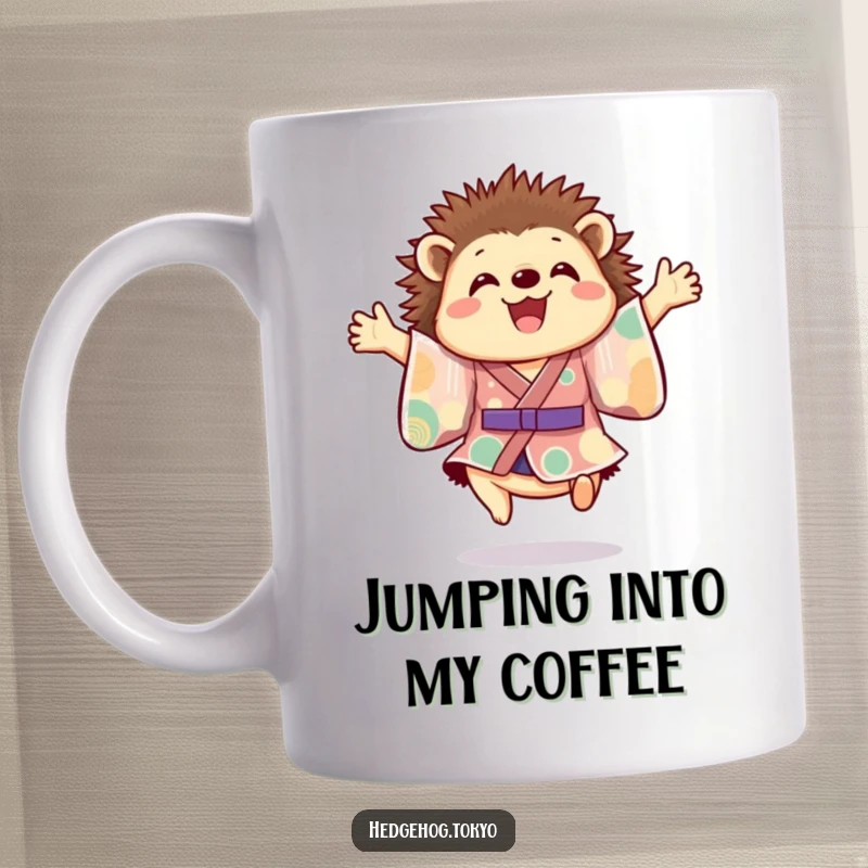 Funny hedgehog mug depicting a cheerful hedgehog in a colorful kimono joyfully leaping mid-air with outstretched paws, radiating pure happiness.