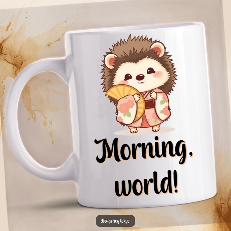 Funny hedgehog in a floral kimono, playfully peeking from behind a decorative fan on a ceramic mug.