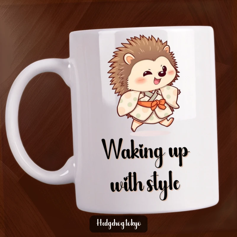 Funny hedgehog wearing a colorful, patterned kimono is captured mid-hop with one leg extended, looking joyful and energetic.