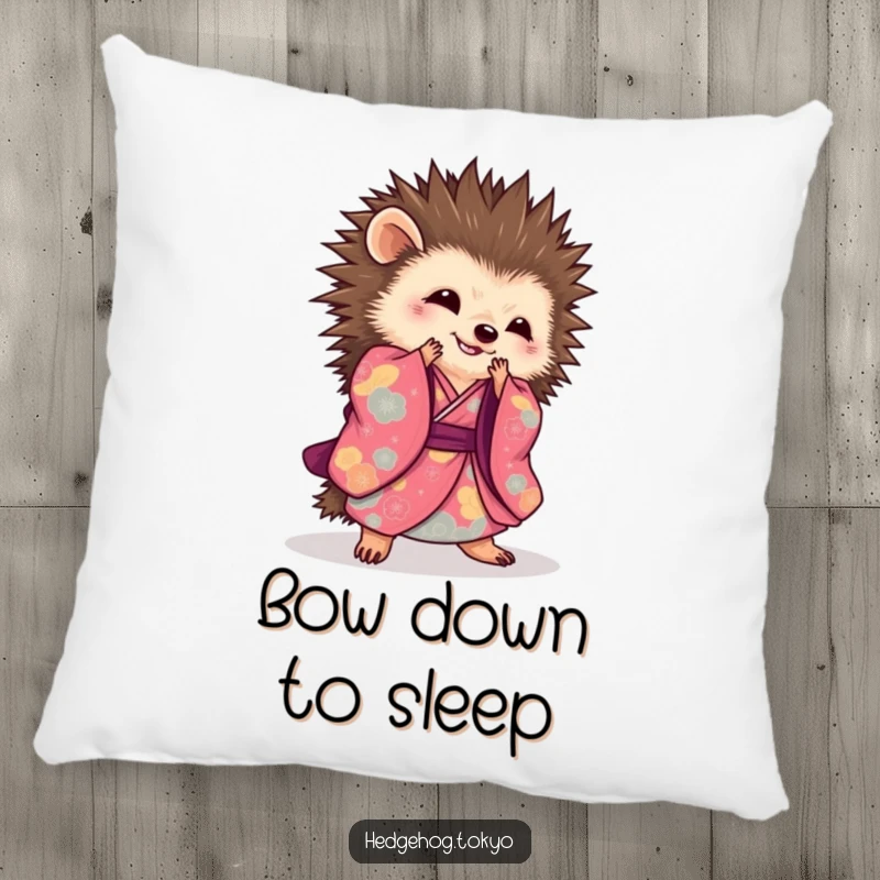Elegant hedgehog pillow featuring a creature in a vibrant kimono performing a graceful sweeping bow, offering comfort and artistic flair.