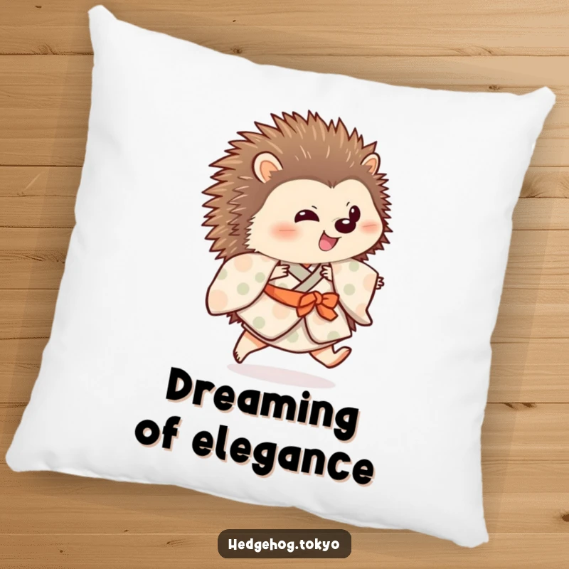 A soft pillow featuring a funny hedgehog wearing a patterned kimono, captured in a playful hop with one leg extended.