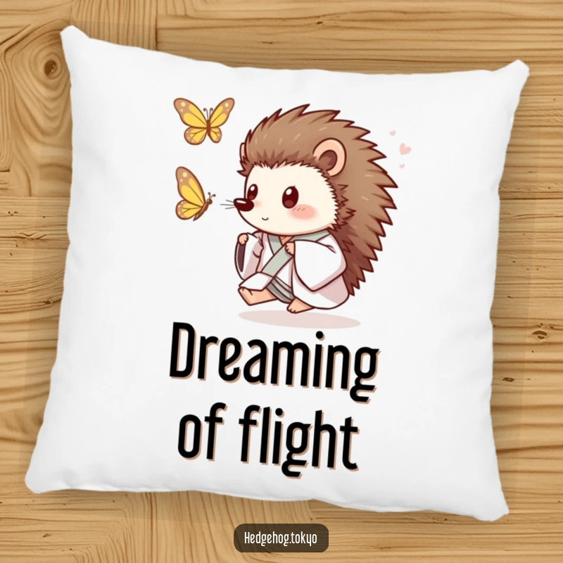 Funny Hedgehog Pillow: A playful hedgehog in a loose kimono joyfully chases a butterfly, offering plush comfort and animated humor.
