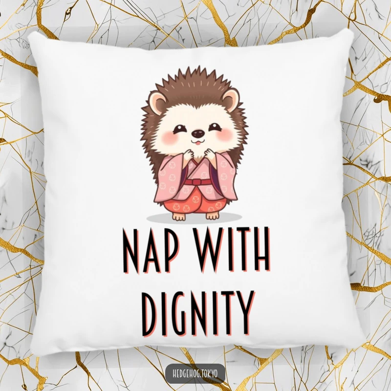 Funny hedgehog in a traditional kimono, doing a tiny, graceful bow, depicted on a soft, decorative pillow.