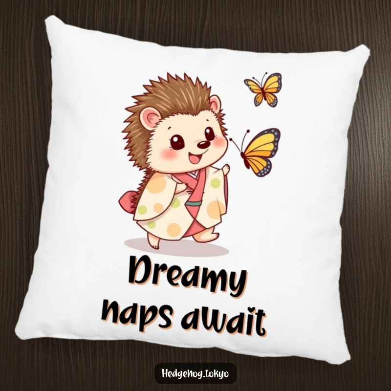 Funny Pillow: A cute hedgehog in a kimono enthusiastically chases a butterfly, radiating pure, uninhibited joy and playful energy.