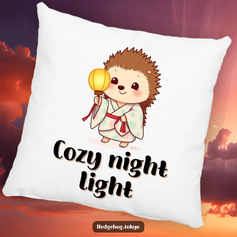 Funny pillow featuring a hedgehog in a summer kimono, holding a paper lantern with a soft, warm glow.