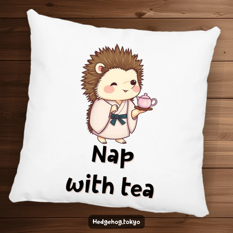 Funny Pillow: A cute hedgehog in a kimono balances a miniature tea set on its quills, providing soft, humorous, and charming decor.