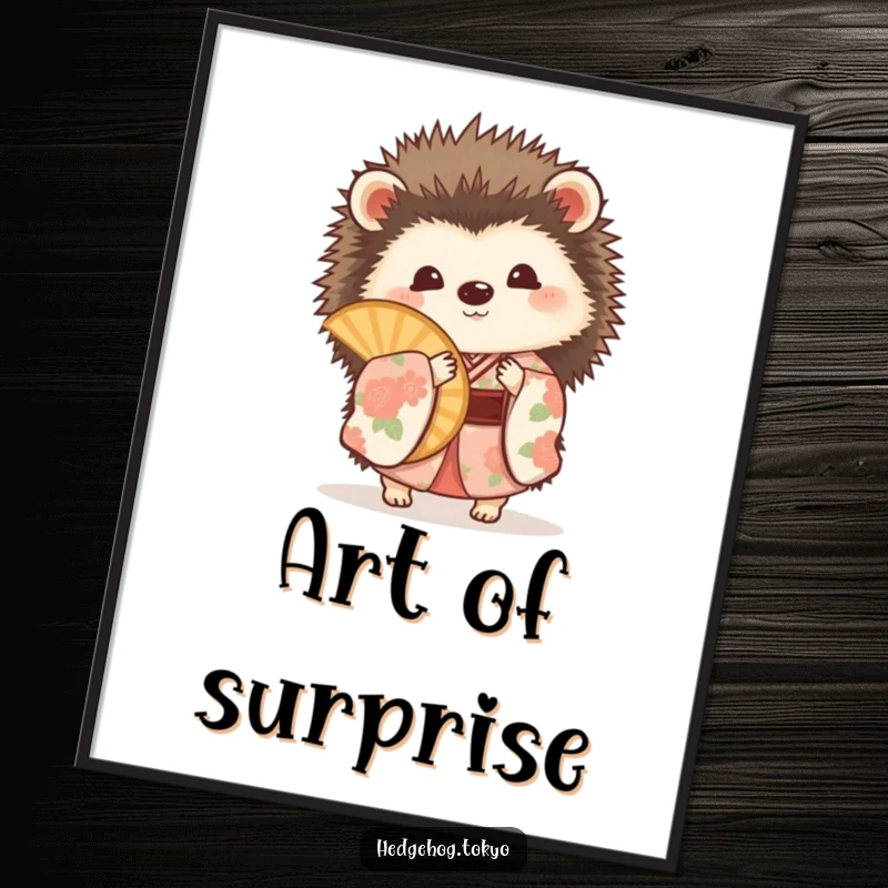 Funny hedgehog in a floral kimono, playfully peeking from behind a fan, available as an instant digital art print.