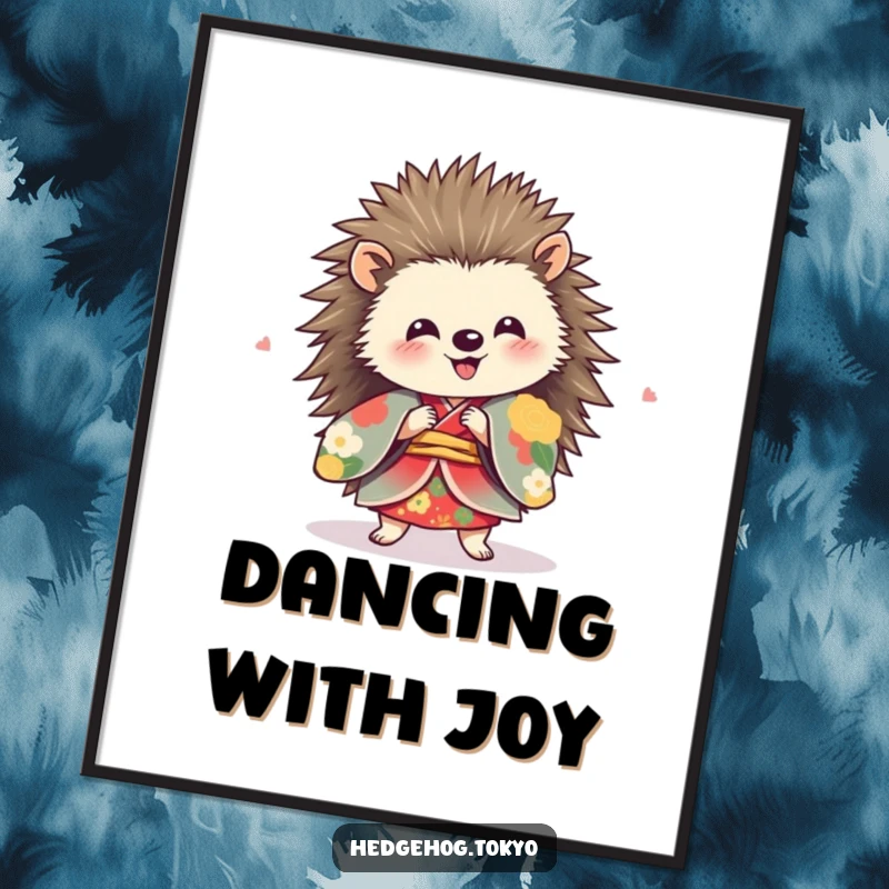 Funny hedgehog in a vibrant kimono, spinning with pure delight, available as an instant digital art print.