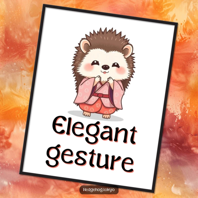 Funny hedgehog in a traditional kimono, performing a tiny, graceful bow, available as an instant digital art print.