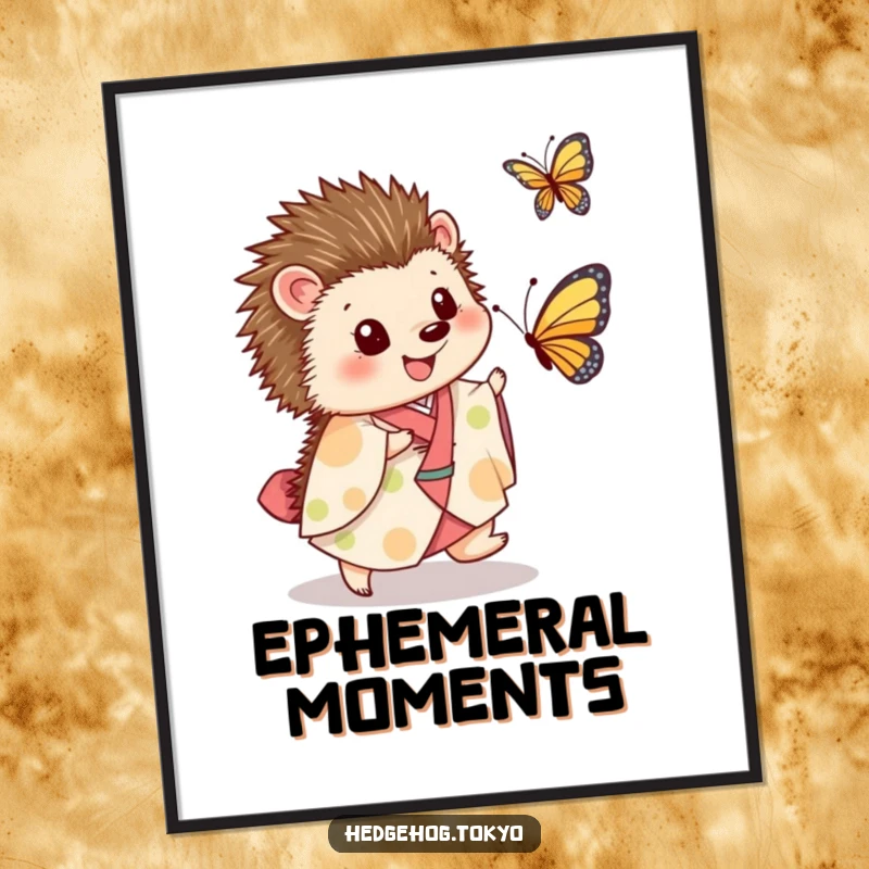 Funny Digital Art: A joyous hedgehog in a kimono playfully chases a butterfly, capturing vibrant energy and playful delight in a downloadable print.