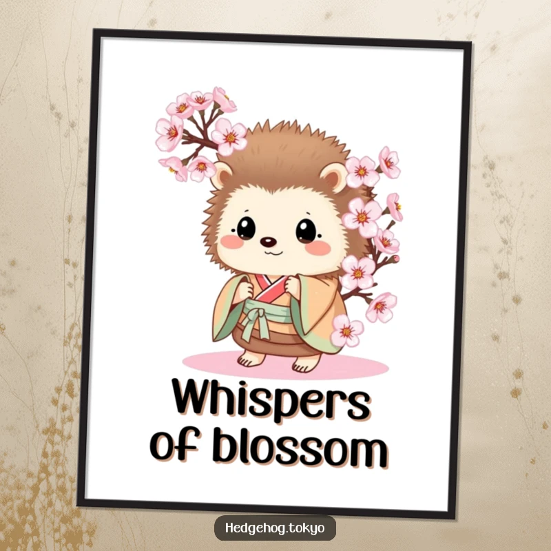 Funny Hedgehog Digital Art Print: A curious hedgehog in a kimono peeks from behind cherry blossoms, capturing a moment of gentle humor.