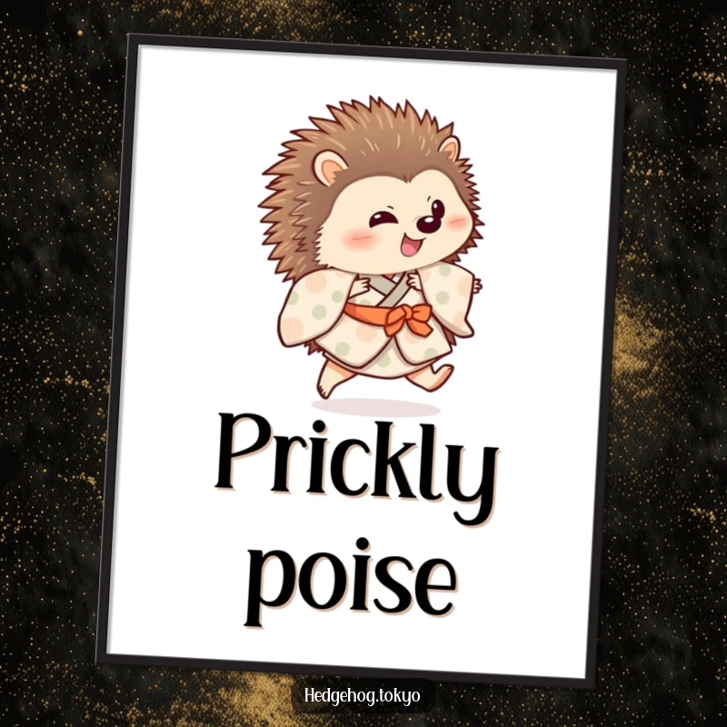 Funny hedgehog wearing a patterned kimono in a playful hop with one leg extended, perfect for digital art prints and cute decor.