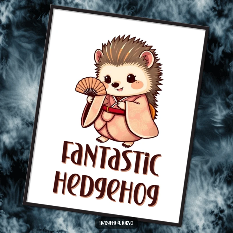 Funny hedgehog digital art print of a small, round hedgehog elegantly dressed in an ornate kimono, holding a tiny fan with grace.