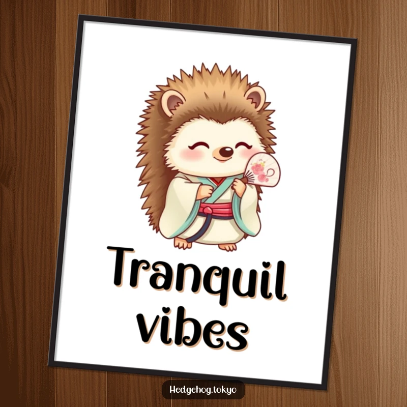 Funny Digital Art: A serene hedgehog in a colorful kimono holds an elegant fan, perfect for adding calm humor to any digital space.