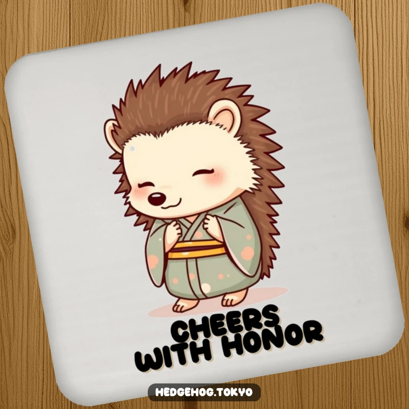 Funny Hedgehog Coaster: An elegantly bowing hedgehog in a formal kimono offers sophisticated humor and surface protection.