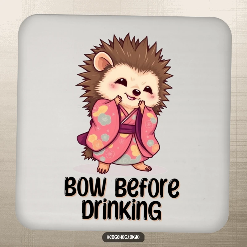 Elegant hedgehog kimono coasters featuring a hedgehog performing a graceful sweeping bow, protecting surfaces with artistic flair.