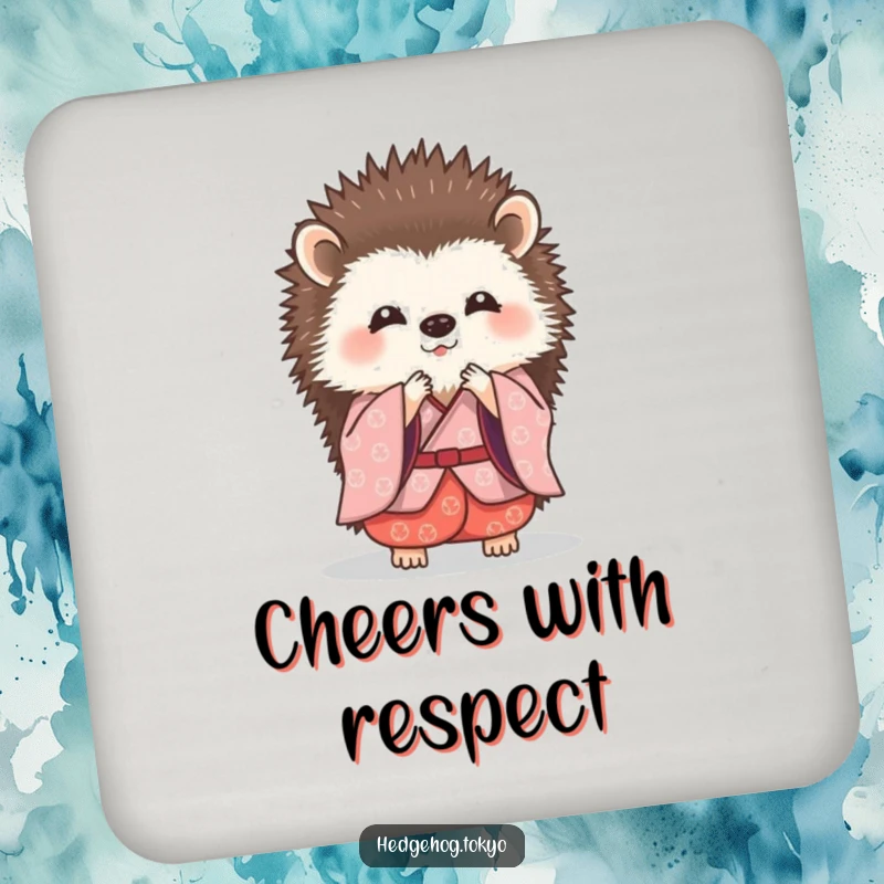 Funny hedgehog in a traditional kimono, executing a tiny, graceful bow on a protective drink coaster.