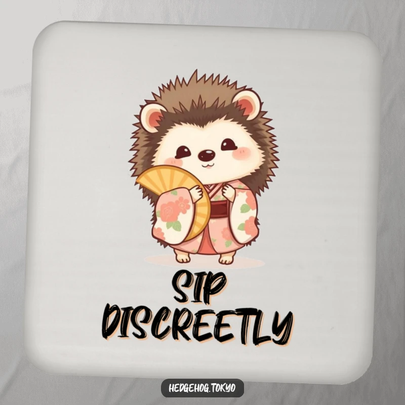 Funny hedgehog in a floral kimono, playfully peeking from behind a fan on a protective drink coaster.