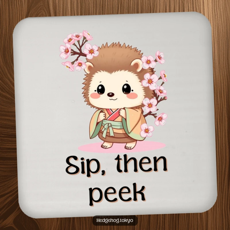 Funny Hedgehog Coaster: A curious hedgehog in a kimono peeks from behind cherry blossoms, offering humorous surface protection.