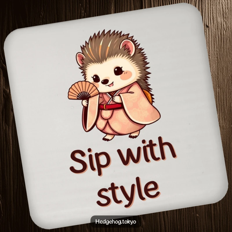 Funny hedgehog drink coasters depicting a round hedgehog in a flowing kimono holding a fan, offering surface protection with elegant whimsy.
