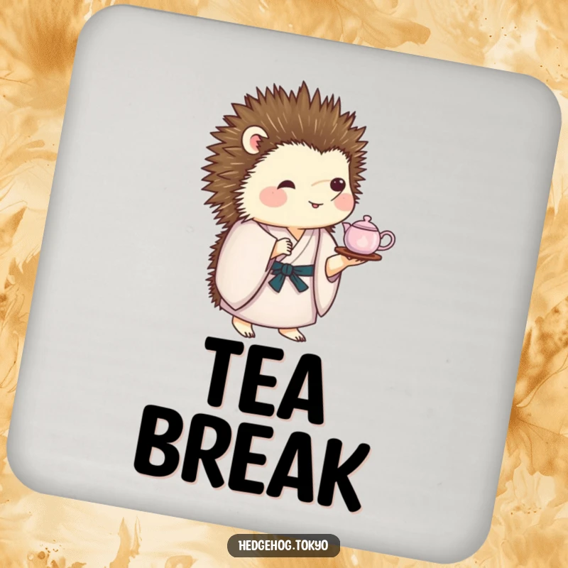 Funny Coaster: A hedgehog in a kimono balances a miniature tea set on its back, adding a touch of humorous poise.