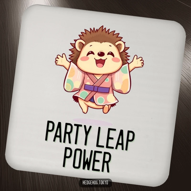 Funny hedgehog drink coasters depicting a cheerful hedgehog in a colorful kimono joyfully leaping mid-air, offering surface protection with vibrant whimsy.