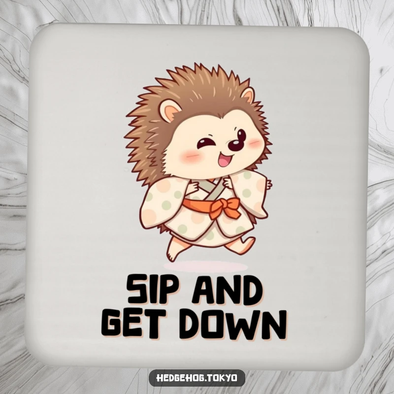 Funny hedgehog wearing a patterned kimono is shown on coasters, doing a playful hop, adding charm while protecting surfaces.