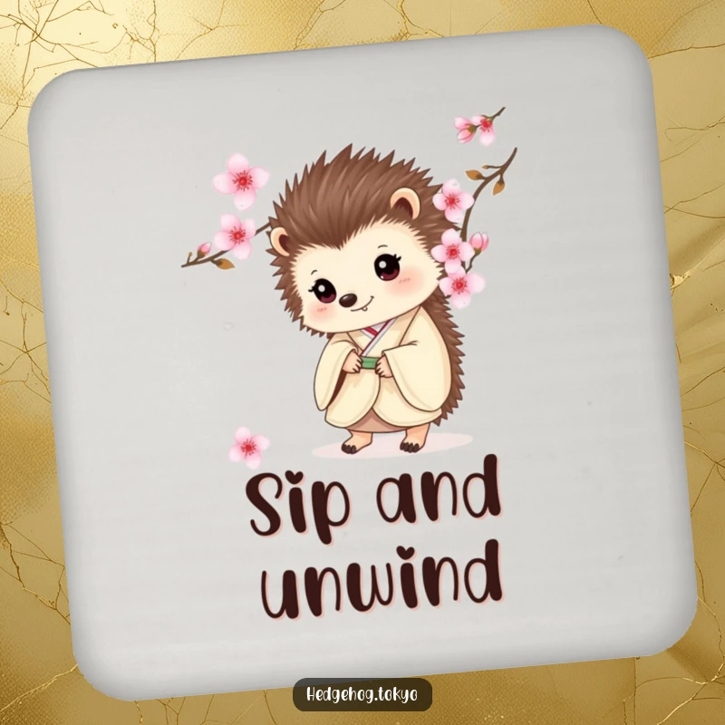 Funny drink coaster featuring a hedgehog in a kimono, peeking from behind cherry blossoms, adding humor to your tabletop.