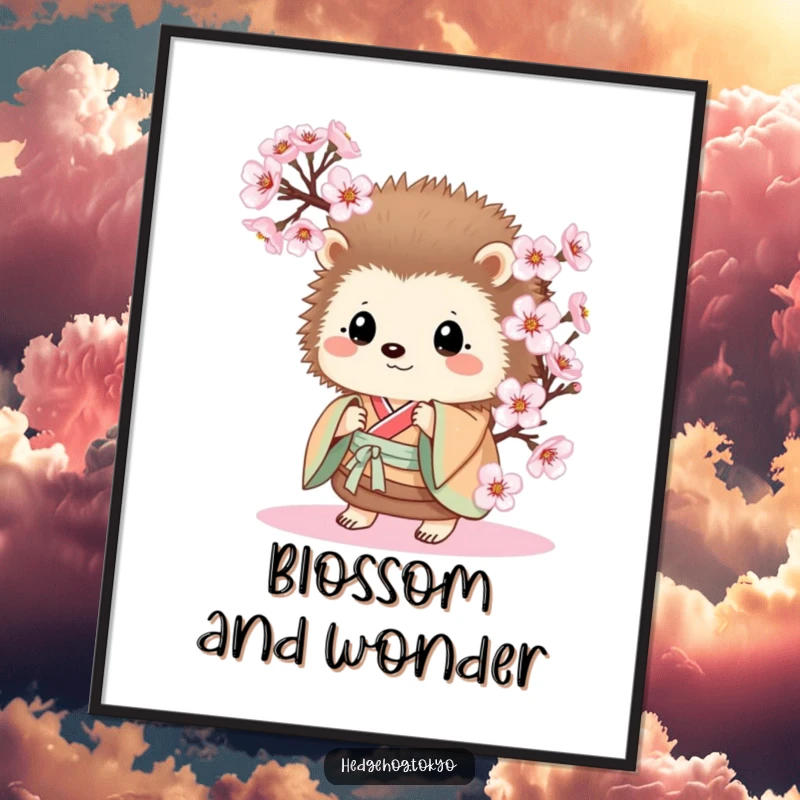 Funny Hedgehog Poster: A curious hedgehog in a kimono peeks from behind delicate cherry blossoms, creating a humorous and artistic wall display.
