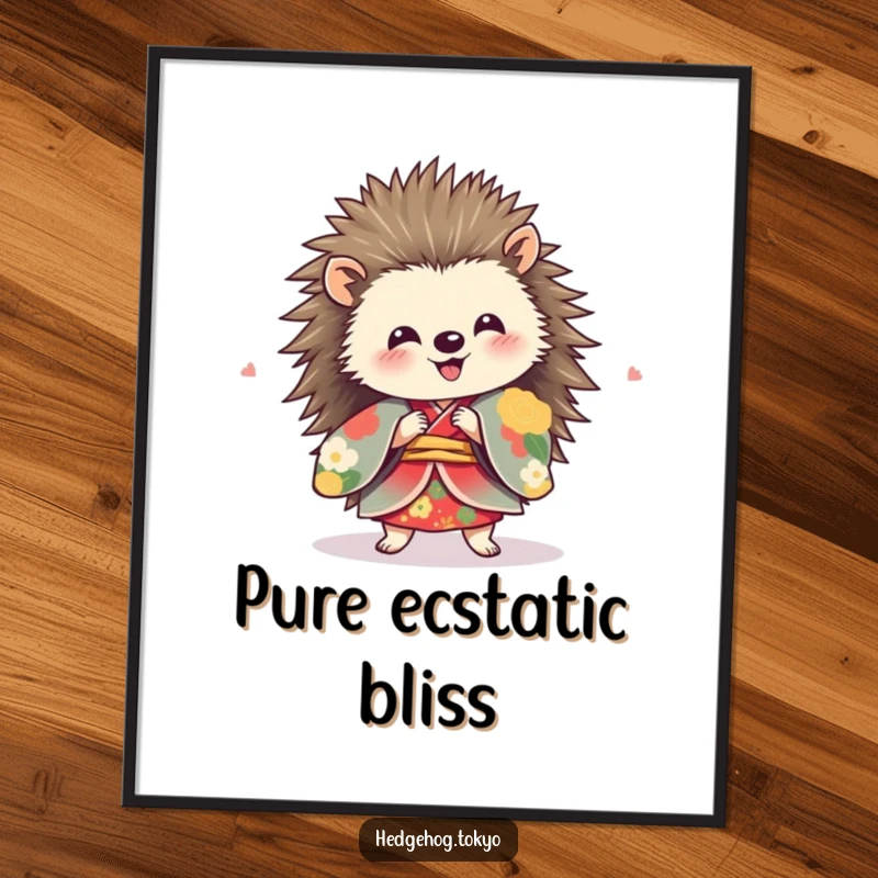 Funny hedgehog in a vibrant kimono, spinning joyfully, printed as a high-quality wall poster.
