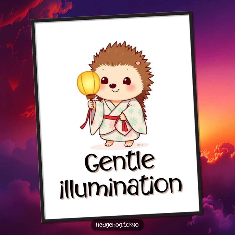 Funny poster of a hedgehog in a summer kimono, holding a paper lantern that emits a calming, gentle glow.