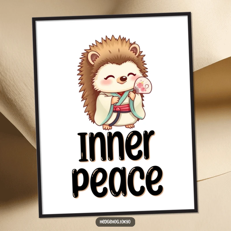 Funny Poster: A tranquil hedgehog in a detailed kimono holds a fan, presenting a scene of peaceful elegance with a humorous undertone.