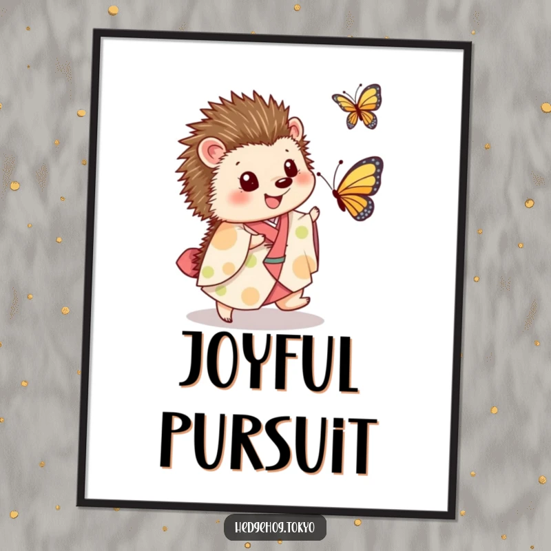 Funny Poster: A joyful hedgehog in a beautiful kimono playfully pursues a delicate butterfly against a bright backdrop, capturing pure happiness.
